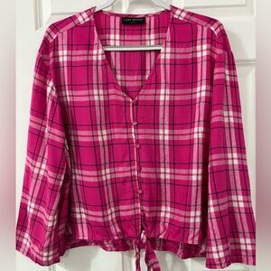 Lane Bryant Plus Sz 14 Pink Plaid Long Sleeve Button-Down Tie-Hem Top CUTE!